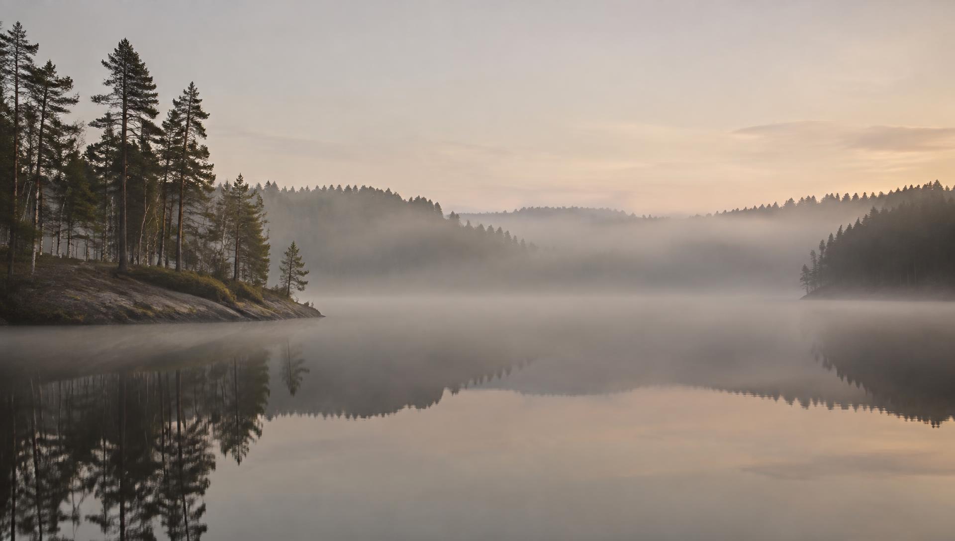 Misty Finnish forest lake at dawn